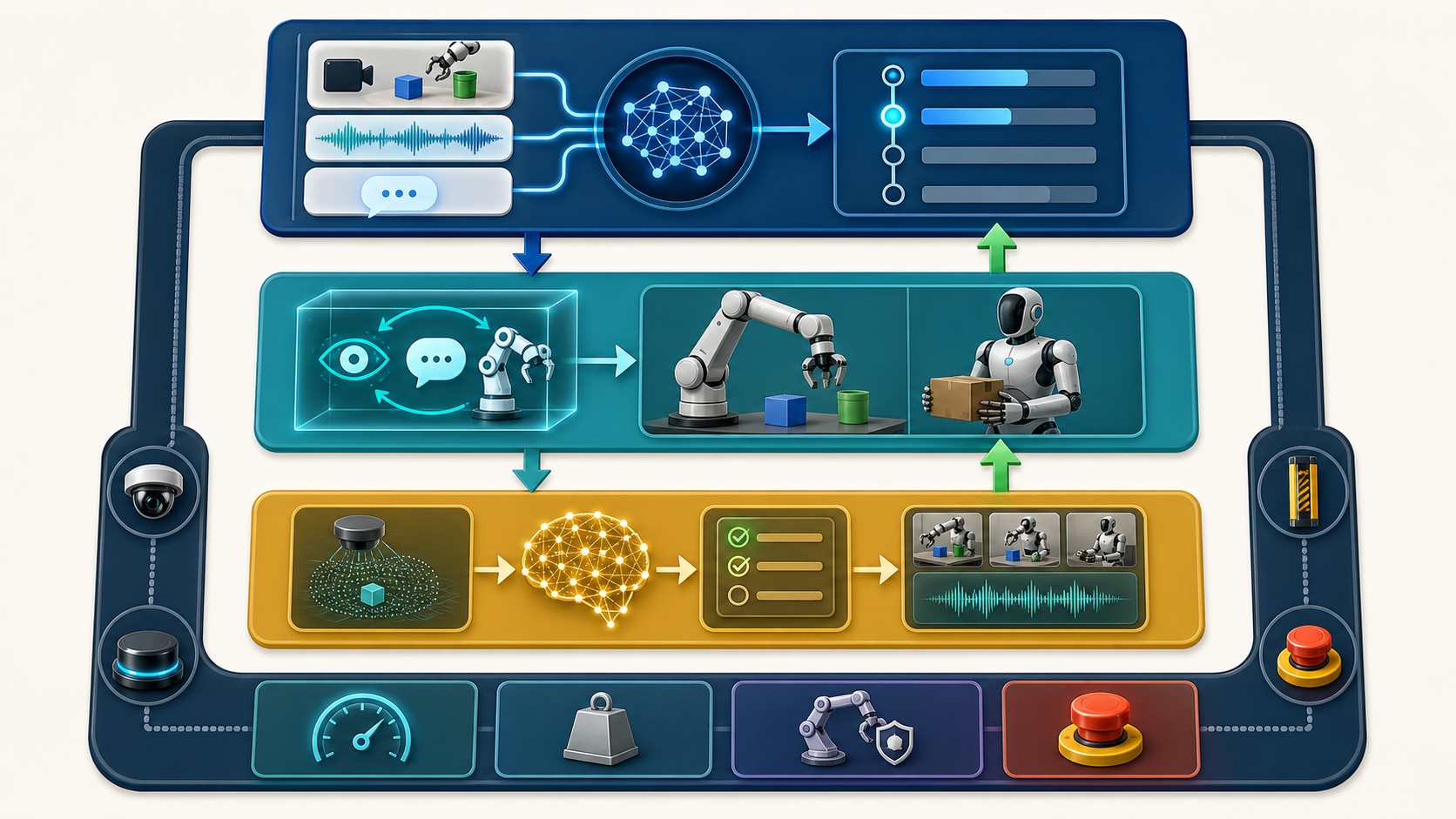 multimodal planner、VLA executor、observer、deterministic safety controllerの四層構成図
