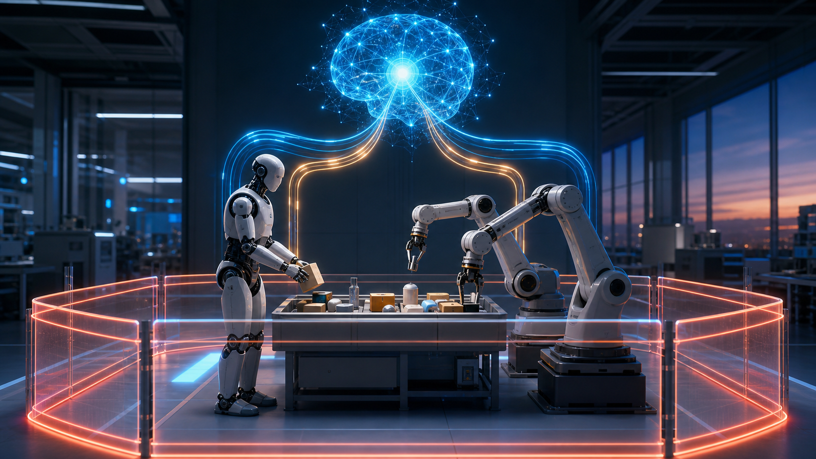 考えるAI coreとhumanoid、dual-arm robot、独立した安全境界を示す物理agent systemの概念図