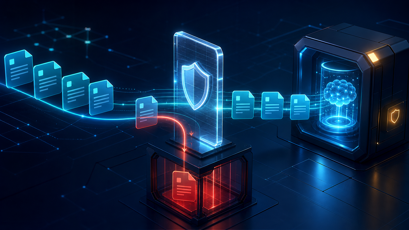 AI coding agentへ入る複数の指示カードを中央のsecurity gatewayが検査し、危険なカードを隔離する概念図