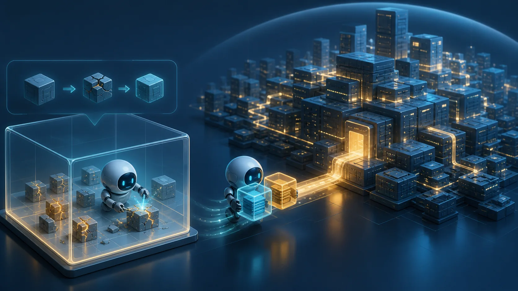 透明な練習環境でコード部品を修復したAIエージェントが、得た知識を大きなソフトウェアリポジトリへ運ぶ概念図