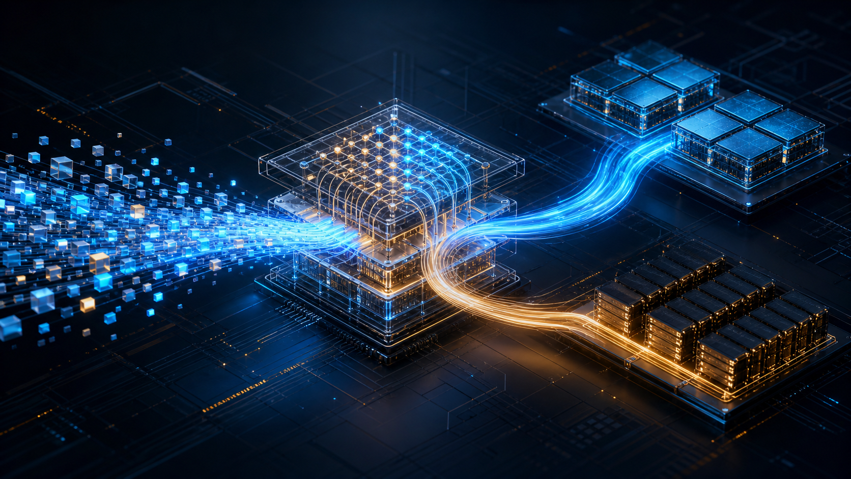 長文token streamがAttention engineへ入り、GPU計算tileとKV cache memoryへ分かれる仕組みを示す概念図