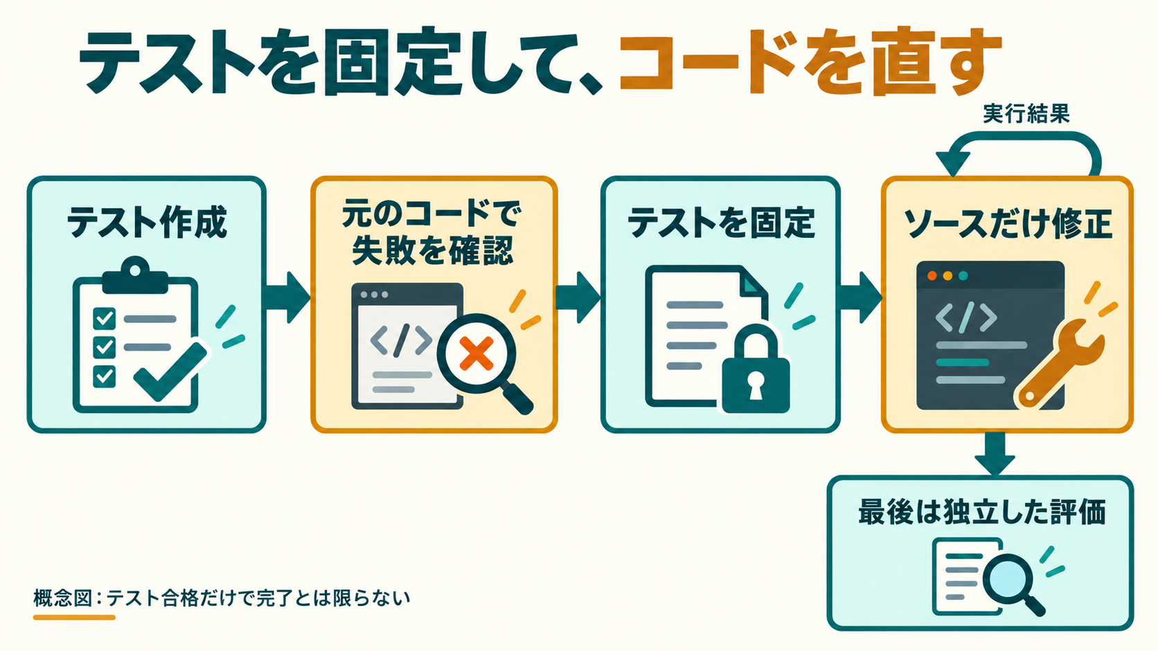 テストを作り、元のコードで失敗を確認して固定し、ソースだけを修正して最後に独立評価する流れ