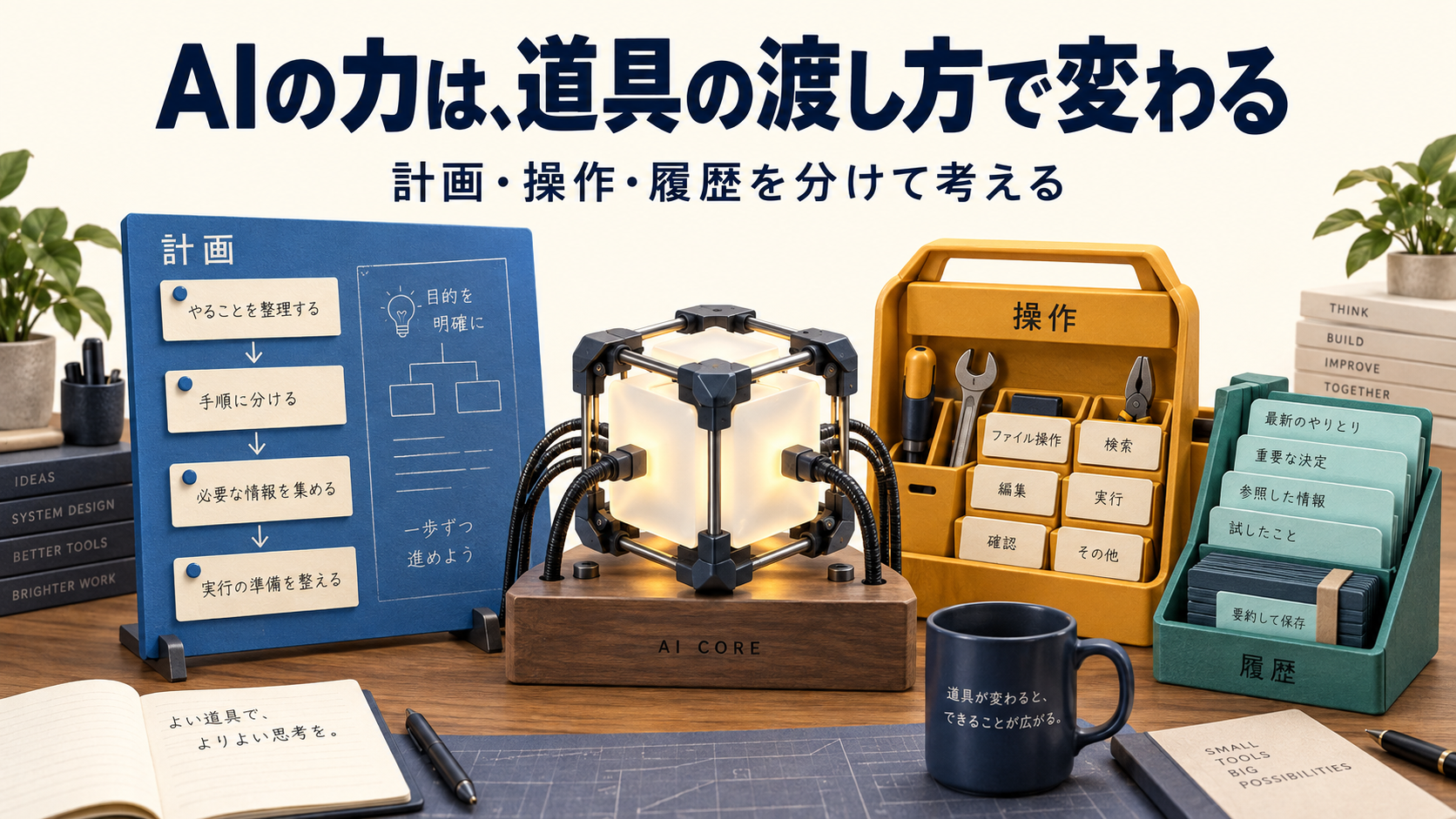 計画、操作ツール、履歴管理の三つの部品に囲まれたAIの作業環境